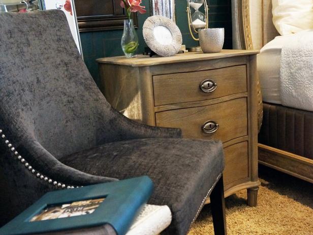 Wood Nightstand Velvet Armchair